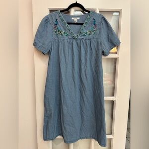 Go Softly Patio Blue Chambray Embroidered Peacock 100% Cotton Sundress Size M